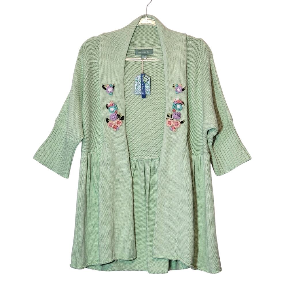 April Cornell NWT Angel Sweater Embroidered Knit Cardigan Sage Green L
